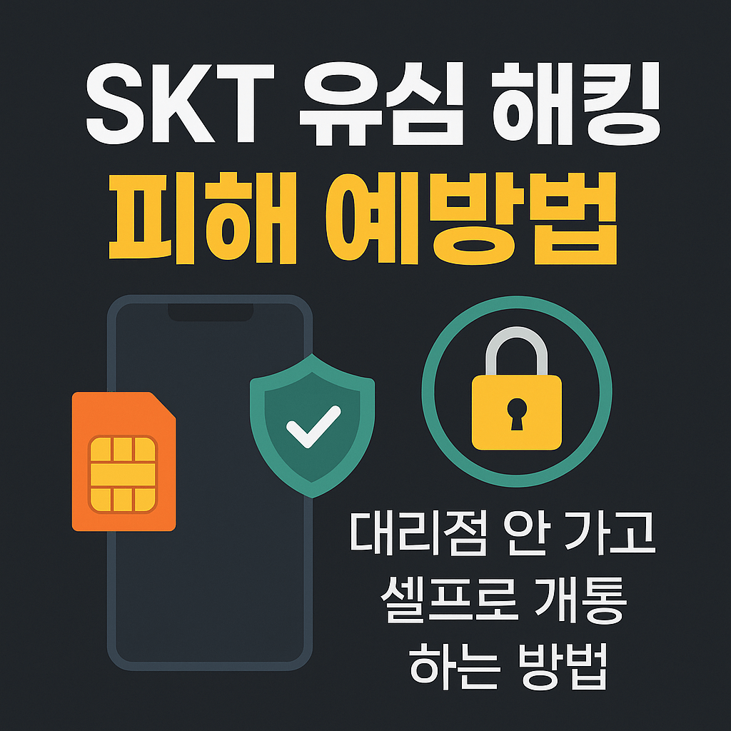 SKT 유심 해킹 피해 예방법 안내 이미지 – 스마트폰, 유심 카드, 자물쇠 아이콘과 함께 eSIM 개통 및 유심보호서비스 설명